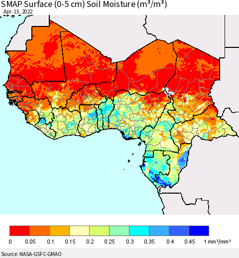 Western Africa SMAP Surface (0-5 cm) Soil Moisture (m³/m³) Thematic Map For 4/11/2022 - 4/15/2022