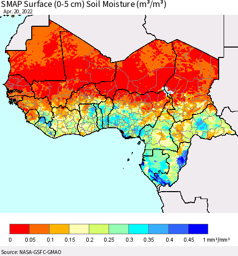 Western Africa SMAP Surface (0-5 cm) Soil Moisture (m³/m³) Thematic Map For 4/16/2022 - 4/20/2022