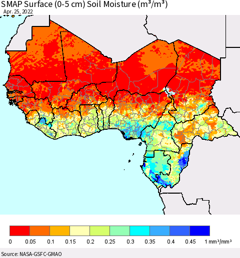 Western Africa SMAP Surface (0-5 cm) Soil Moisture (m³/m³) Thematic Map For 4/21/2022 - 4/25/2022