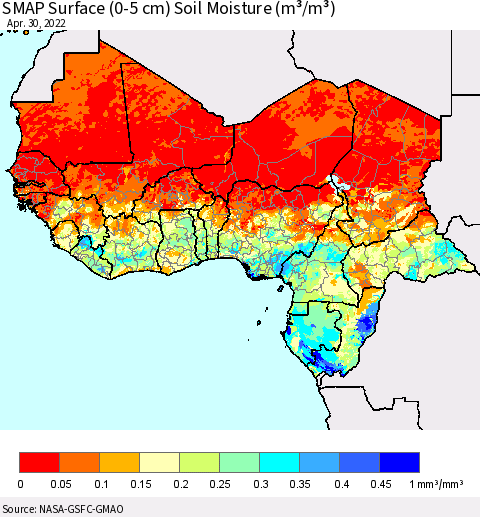 Western Africa SMAP Surface (0-5 cm) Soil Moisture (m³/m³) Thematic Map For 4/26/2022 - 4/30/2022