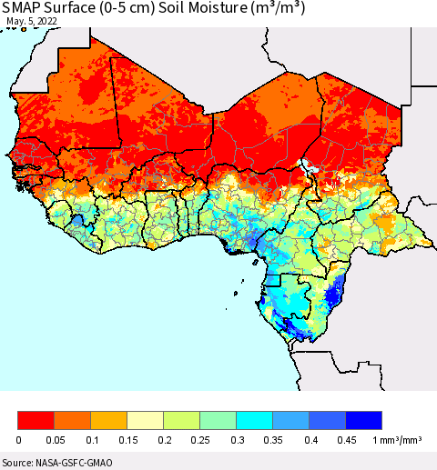 Western Africa SMAP Surface (0-5 cm) Soil Moisture (m³/m³) Thematic Map For 5/1/2022 - 5/5/2022