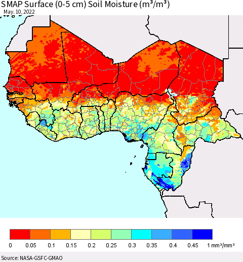 Western Africa SMAP Surface (0-5 cm) Soil Moisture (m³/m³) Thematic Map For 5/6/2022 - 5/10/2022