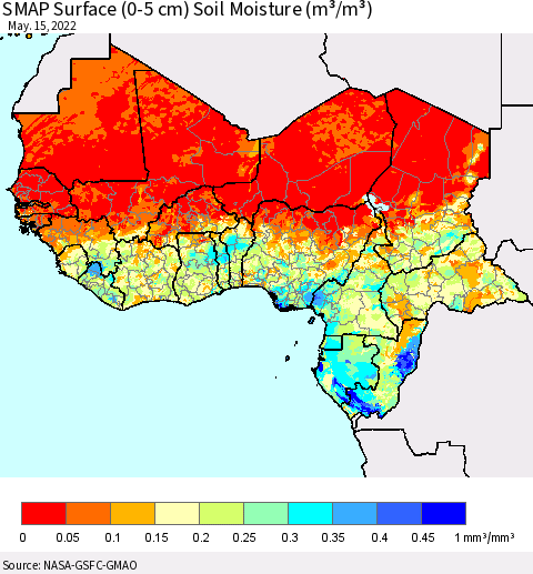 Western Africa SMAP Surface (0-5 cm) Soil Moisture (m³/m³) Thematic Map For 5/11/2022 - 5/15/2022