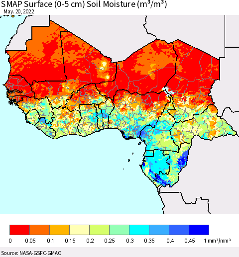 Western Africa SMAP Surface (0-5 cm) Soil Moisture (m³/m³) Thematic Map For 5/16/2022 - 5/20/2022