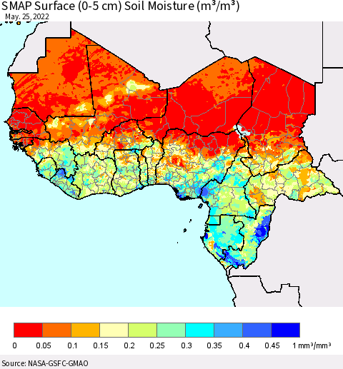 Western Africa SMAP Surface (0-5 cm) Soil Moisture (m³/m³) Thematic Map For 5/21/2022 - 5/25/2022