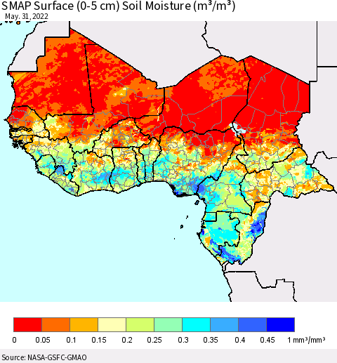 Western Africa SMAP Surface (0-5 cm) Soil Moisture (m³/m³) Thematic Map For 5/26/2022 - 5/31/2022