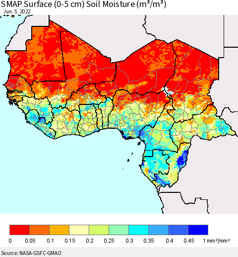 Western Africa SMAP Surface (0-5 cm) Soil Moisture (m³/m³) Thematic Map For 6/1/2022 - 6/5/2022