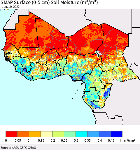 Western Africa SMAP Surface (0-5 cm) Soil Moisture (m³/m³) Thematic Map For 6/6/2022 - 6/10/2022