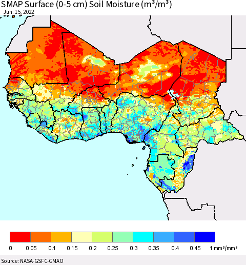 Western Africa SMAP Surface (0-5 cm) Soil Moisture (m³/m³) Thematic Map For 6/11/2022 - 6/15/2022