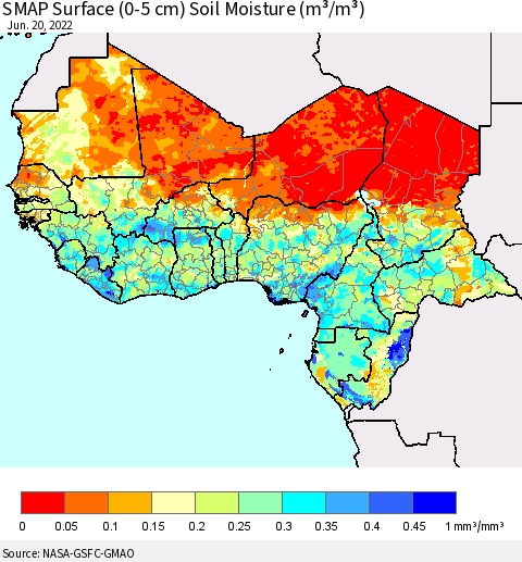 Western Africa SMAP Surface (0-5 cm) Soil Moisture (m³/m³) Thematic Map For 6/16/2022 - 6/20/2022
