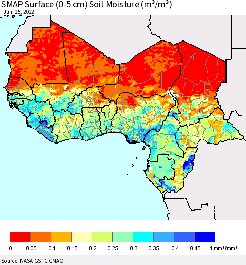 Western Africa SMAP Surface (0-5 cm) Soil Moisture (m³/m³) Thematic Map For 6/21/2022 - 6/25/2022