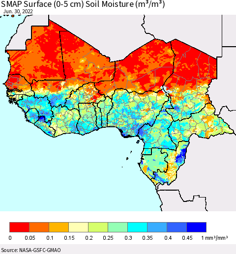 Western Africa SMAP Surface (0-5 cm) Soil Moisture (m³/m³) Thematic Map For 6/26/2022 - 6/30/2022