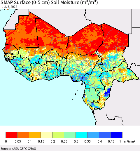 Western Africa SMAP Surface (0-5 cm) Soil Moisture (m³/m³) Thematic Map For 7/1/2022 - 7/5/2022