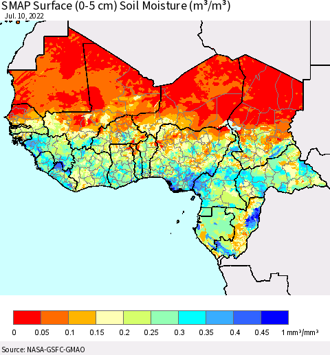 Western Africa SMAP Surface (0-5 cm) Soil Moisture (m³/m³) Thematic Map For 7/6/2022 - 7/10/2022