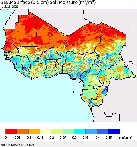 Western Africa SMAP Surface (0-5 cm) Soil Moisture (m³/m³) Thematic Map For 7/11/2022 - 7/15/2022
