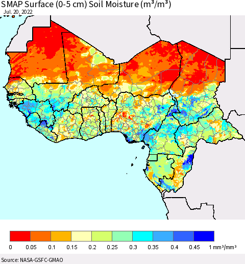 Western Africa SMAP Surface (0-5 cm) Soil Moisture (m³/m³) Thematic Map For 7/16/2022 - 7/20/2022