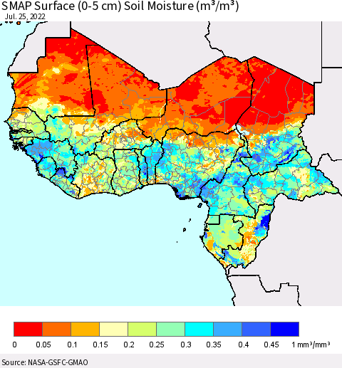 Western Africa SMAP Surface (0-5 cm) Soil Moisture (m³/m³) Thematic Map For 7/21/2022 - 7/25/2022