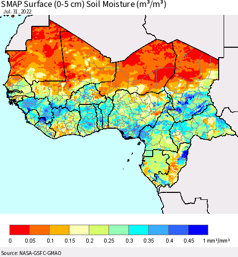 Western Africa SMAP Surface (0-5 cm) Soil Moisture (m³/m³) Thematic Map For 7/26/2022 - 7/31/2022