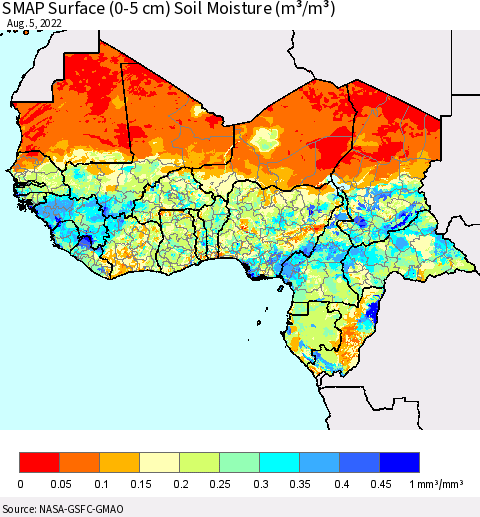 Western Africa SMAP Surface (0-5 cm) Soil Moisture (m³/m³) Thematic Map For 8/1/2022 - 8/5/2022