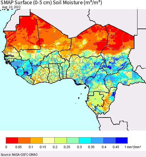 Western Africa SMAP Surface (0-5 cm) Soil Moisture (m³/m³) Thematic Map For 8/6/2022 - 8/10/2022