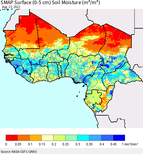 Western Africa SMAP Surface (0-5 cm) Soil Moisture (m³/m³) Thematic Map For 8/11/2022 - 8/15/2022