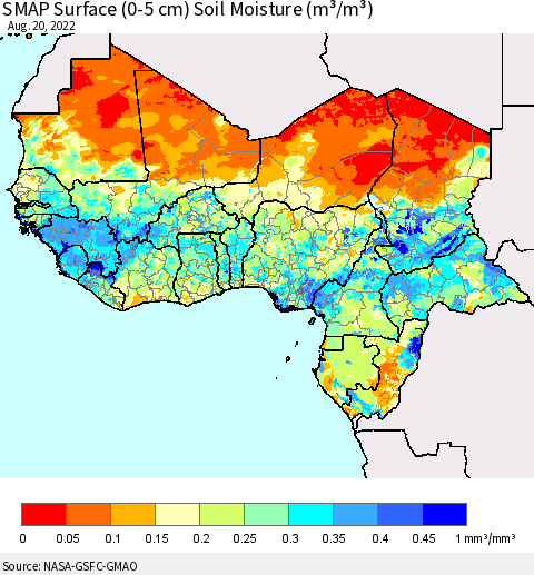 Western Africa SMAP Surface (0-5 cm) Soil Moisture (m³/m³) Thematic Map For 8/16/2022 - 8/20/2022