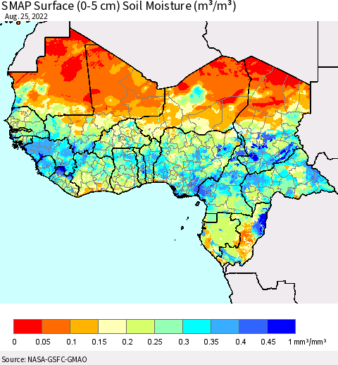 Western Africa SMAP Surface (0-5 cm) Soil Moisture (m³/m³) Thematic Map For 8/21/2022 - 8/25/2022