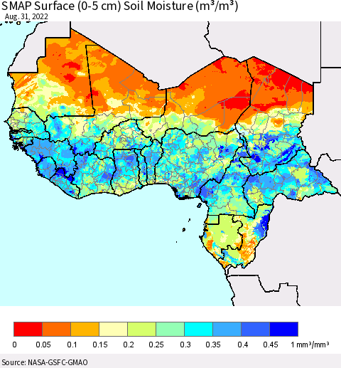 Western Africa SMAP Surface (0-5 cm) Soil Moisture (m³/m³) Thematic Map For 8/26/2022 - 8/31/2022
