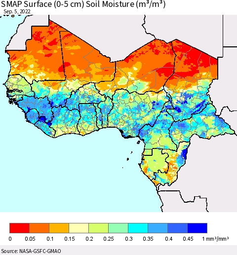 Western Africa SMAP Surface (0-5 cm) Soil Moisture (m³/m³) Thematic Map For 9/1/2022 - 9/5/2022
