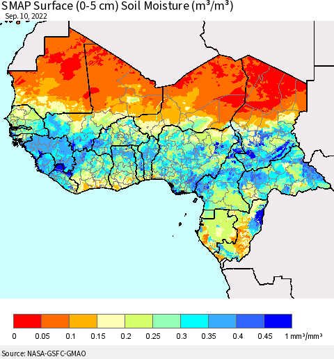 Western Africa SMAP Surface (0-5 cm) Soil Moisture (m³/m³) Thematic Map For 9/6/2022 - 9/10/2022