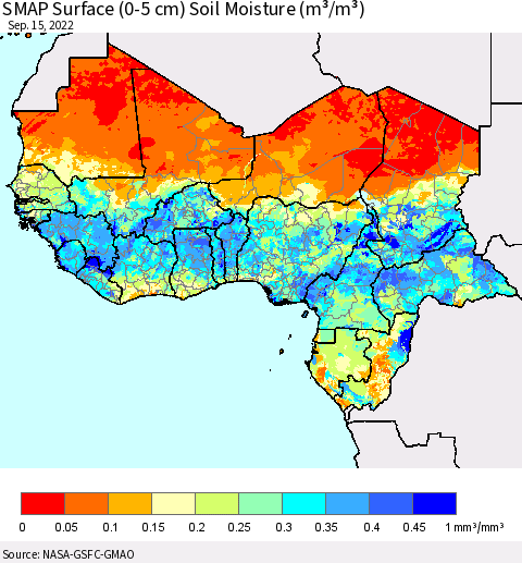 Western Africa SMAP Surface (0-5 cm) Soil Moisture (m³/m³) Thematic Map For 9/11/2022 - 9/15/2022