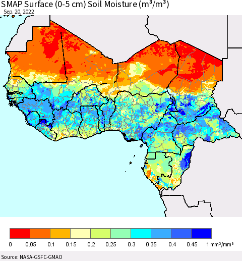 Western Africa SMAP Surface (0-5 cm) Soil Moisture (m³/m³) Thematic Map For 9/16/2022 - 9/20/2022
