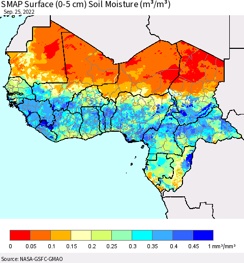 Western Africa SMAP Surface (0-5 cm) Soil Moisture (m³/m³) Thematic Map For 9/21/2022 - 9/25/2022