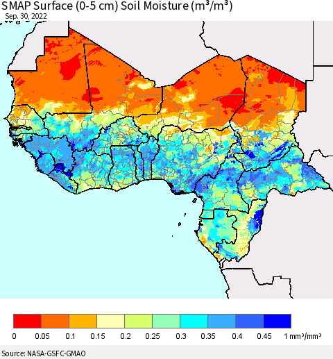 Western Africa SMAP Surface (0-5 cm) Soil Moisture (m³/m³) Thematic Map For 9/26/2022 - 9/30/2022