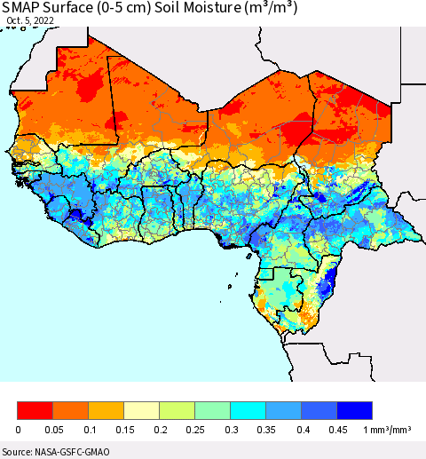 Western Africa SMAP Surface (0-5 cm) Soil Moisture (m³/m³) Thematic Map For 10/1/2022 - 10/5/2022