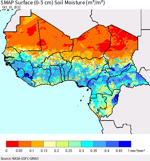 Western Africa SMAP Surface (0-5 cm) Soil Moisture (m³/m³) Thematic Map For 10/6/2022 - 10/10/2022