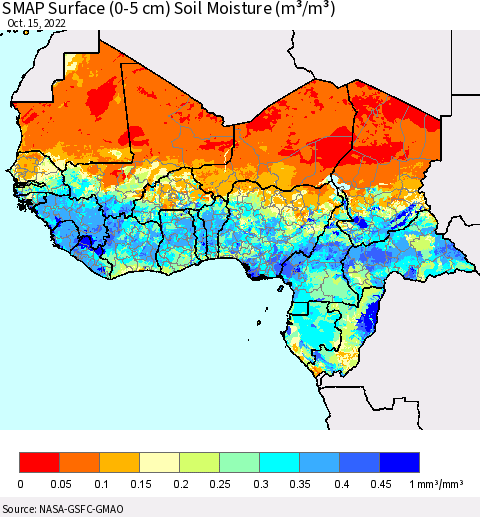 Western Africa SMAP Surface (0-5 cm) Soil Moisture (m³/m³) Thematic Map For 10/11/2022 - 10/15/2022