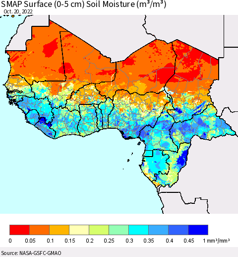 Western Africa SMAP Surface (0-5 cm) Soil Moisture (m³/m³) Thematic Map For 10/16/2022 - 10/20/2022