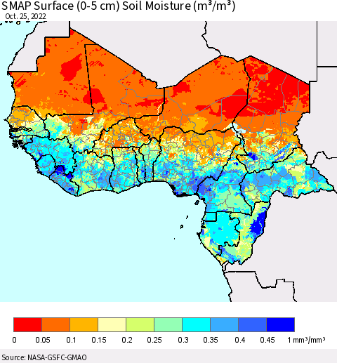 Western Africa SMAP Surface (0-5 cm) Soil Moisture (m³/m³) Thematic Map For 10/21/2022 - 10/25/2022