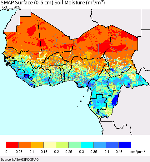 Western Africa SMAP Surface (0-5 cm) Soil Moisture (m³/m³) Thematic Map For 10/26/2022 - 10/31/2022