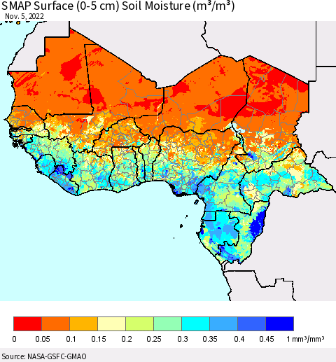 Western Africa SMAP Surface (0-5 cm) Soil Moisture (m³/m³) Thematic Map For 11/1/2022 - 11/5/2022
