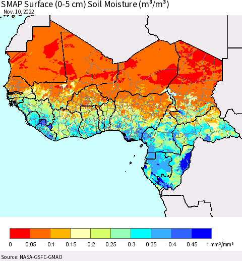 Western Africa SMAP Surface (0-5 cm) Soil Moisture (m³/m³) Thematic Map For 11/6/2022 - 11/10/2022