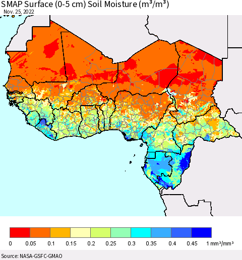 Western Africa SMAP Surface (0-5 cm) Soil Moisture (m³/m³) Thematic Map For 11/21/2022 - 11/25/2022