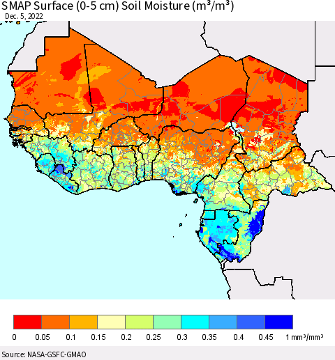 Western Africa SMAP Surface (0-5 cm) Soil Moisture (m³/m³) Thematic Map For 12/1/2022 - 12/5/2022