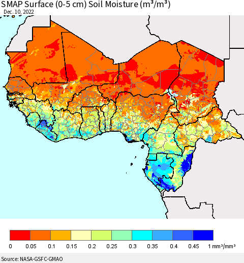 Western Africa SMAP Surface (0-5 cm) Soil Moisture (m³/m³) Thematic Map For 12/6/2022 - 12/10/2022