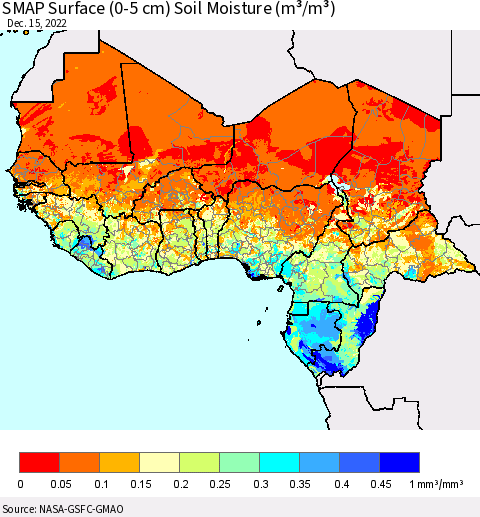 Western Africa SMAP Surface (0-5 cm) Soil Moisture (m³/m³) Thematic Map For 12/11/2022 - 12/15/2022