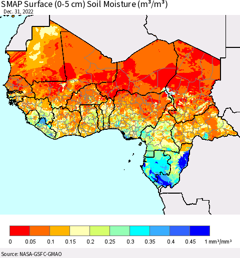 Western Africa SMAP Surface (0-5 cm) Soil Moisture (m³/m³) Thematic Map For 12/26/2022 - 12/31/2022