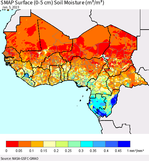 Western Africa SMAP Surface (0-5 cm) Soil Moisture (m³/m³) Thematic Map For 1/1/2023 - 1/5/2023