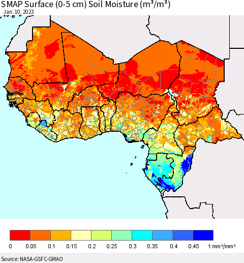 Western Africa SMAP Surface (0-5 cm) Soil Moisture (m³/m³) Thematic Map For 1/6/2023 - 1/10/2023