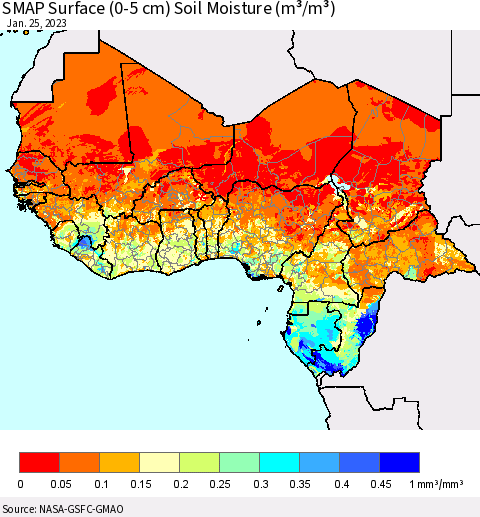Western Africa SMAP Surface (0-5 cm) Soil Moisture (m³/m³) Thematic Map For 1/21/2023 - 1/25/2023